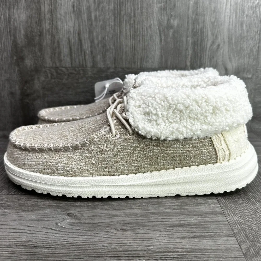 Hey Dude Wendy Fold Y Brushed Cozy Kids J2 Ivory Sherpa Moccasin NEW